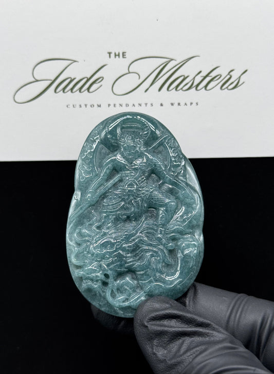 Blue Water Dragon Rider Wu Kong Pendant 💚 – Hand-Carved Certified Grade A Jade